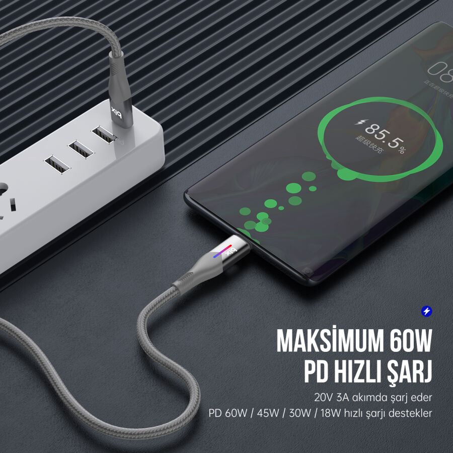 Bix Type-C to Type-C 60W Örgülü LED Işıklı Şarj ve Data Kablosu 1 Metre Gri - 5