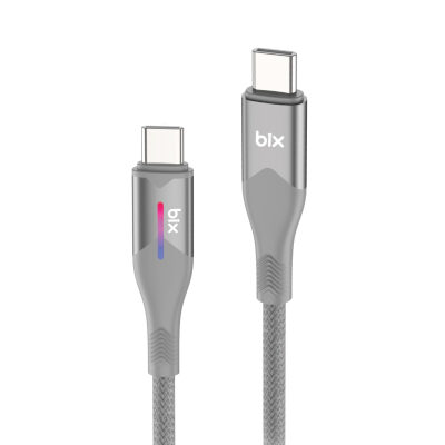 Bix Type-C to Type-C 60W Örgülü LED Işıklı Şarj ve Data Kablosu 1 Metre Gri 