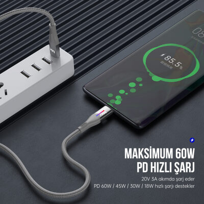 Bix Type-C to Type-C 60W Örgülü LED Işıklı Şarj ve Data Kablosu 1 Metre Gri - 5