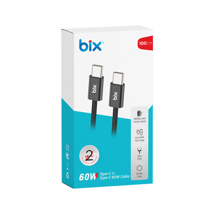 Bix Type-C to Type-C 60W Örgülü Şarj ve Data Kablosu 1 Metre Siyah - 4