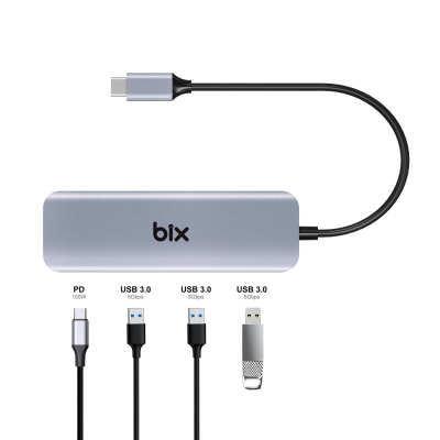 Bix Type-C USB 3.0 PD Kart Okuyucu 3 Portlu Çoklayıcı Hub - 4