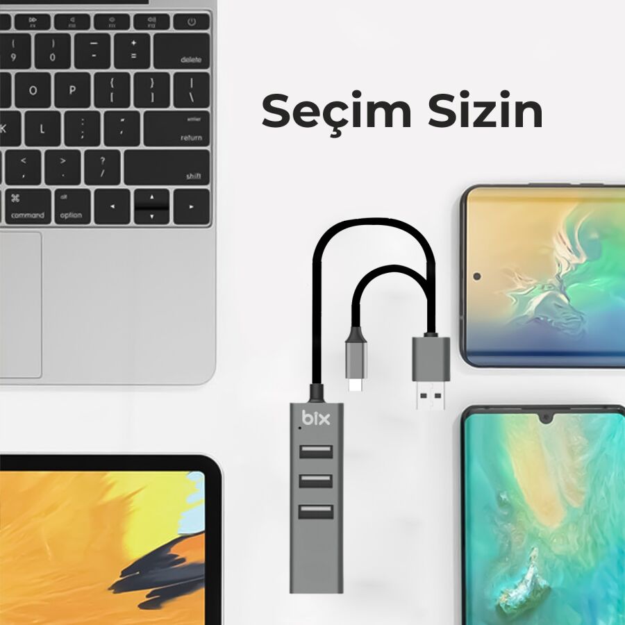 Bix Type-C USB Ethernet 3 Portlu Çoklayıcı Hub - 3