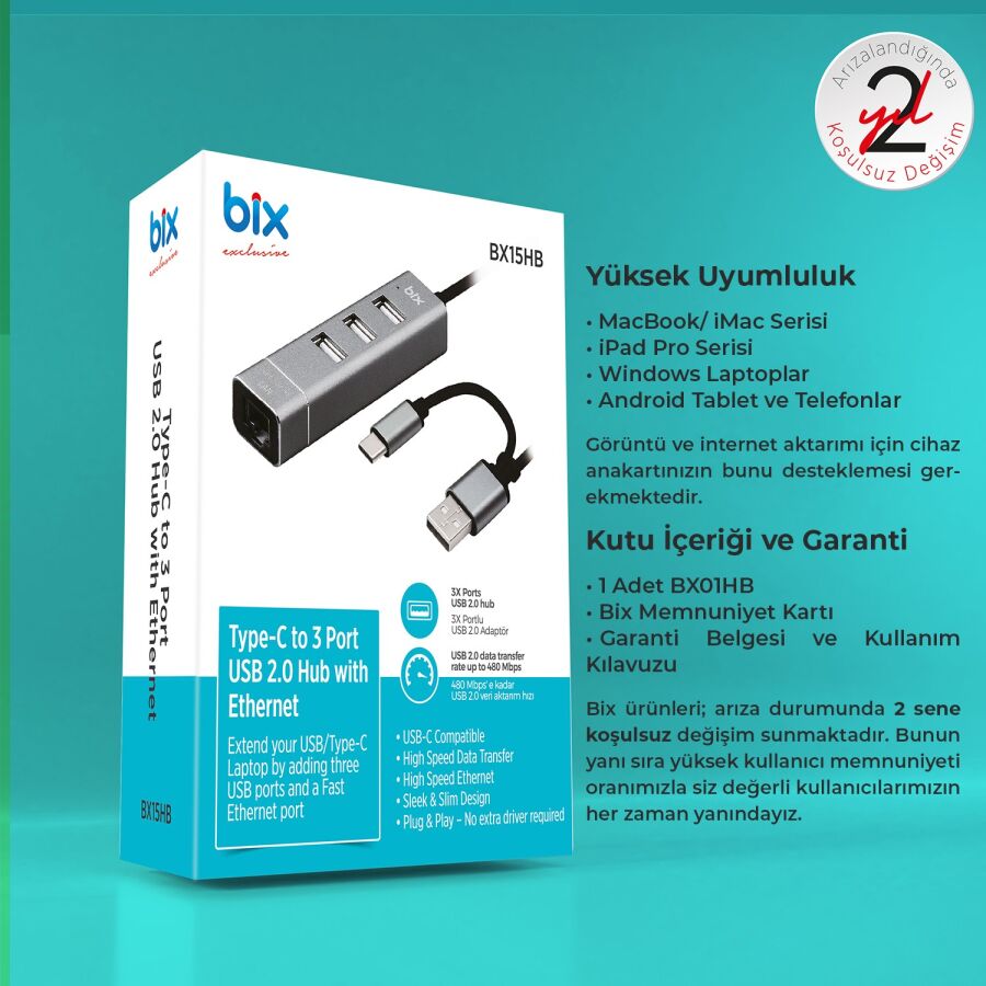 Bix Type-C USB Ethernet 3 Portlu Çoklayıcı Hub - 4