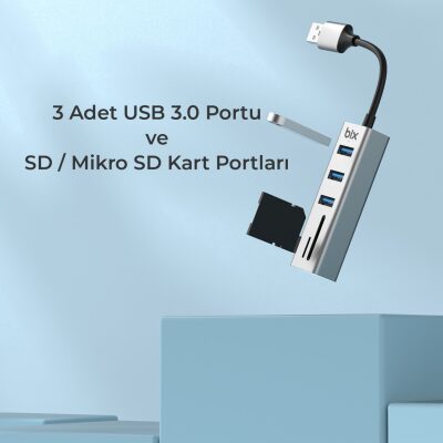 Bix USB 3.0 Kart Okuyucu ve 3 Portlu Çoklayıcı Hub - 5