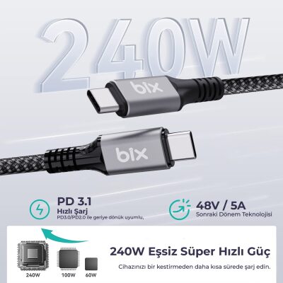 Bix USB4 Thunderbolt 3/4 Uyumlu USB-C IF Sertifikalı 240W 40Gbps 8K 60Hz UHD Hızlı Şarj, Data ve Görüntü Aktarım Kablosu 1 Metre - 2