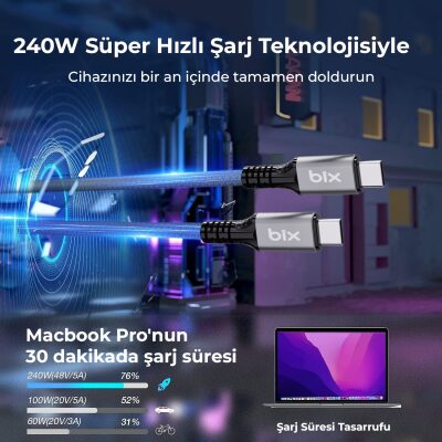 Bix USB4 Thunderbolt 3/4 Uyumlu USB-C IF Sertifikalı 240W 40Gbps 8K 60Hz UHD Hızlı Şarj, Data ve Görüntü Aktarım Kablosu 1 Metre - 3