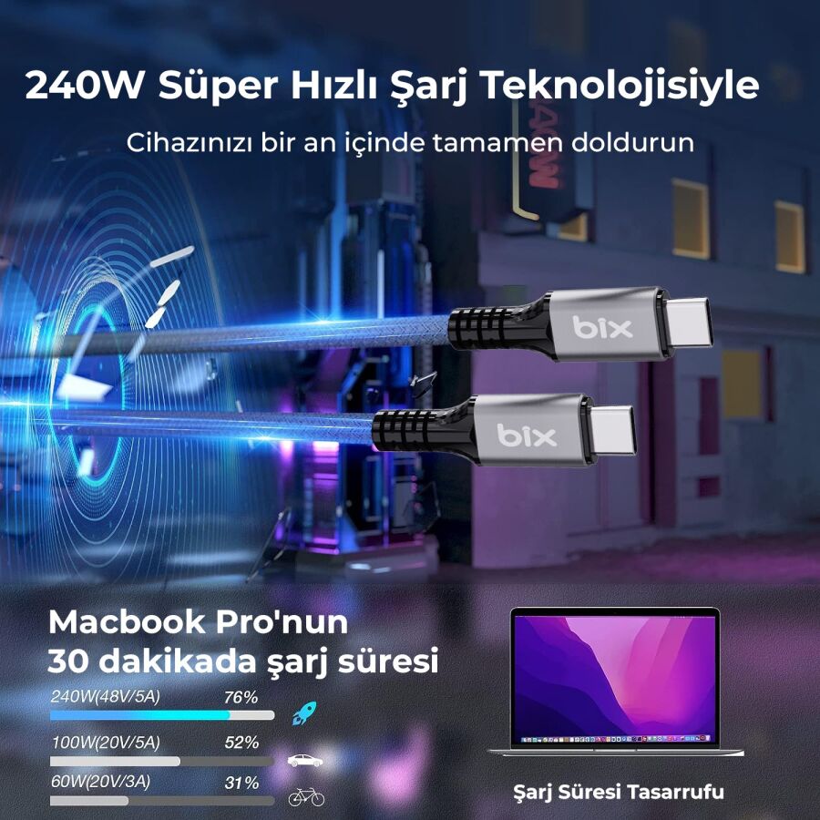 Bix USB4 Thunderbolt 3/4 Uyumlu USB-C IF Sertifikalı 240W 40Gbps 8K 60Hz UHD Hızlı Şarj, Data ve Görüntü Aktarım Kablosu 1 Metre - 3