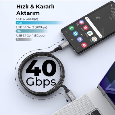 Bix USB4 Thunderbolt 3/4 Uyumlu USB-C IF Sertifikalı 240W 40Gbps 8K 60Hz UHD Hızlı Şarj, Data ve Görüntü Aktarım Kablosu 1 Metre - 5