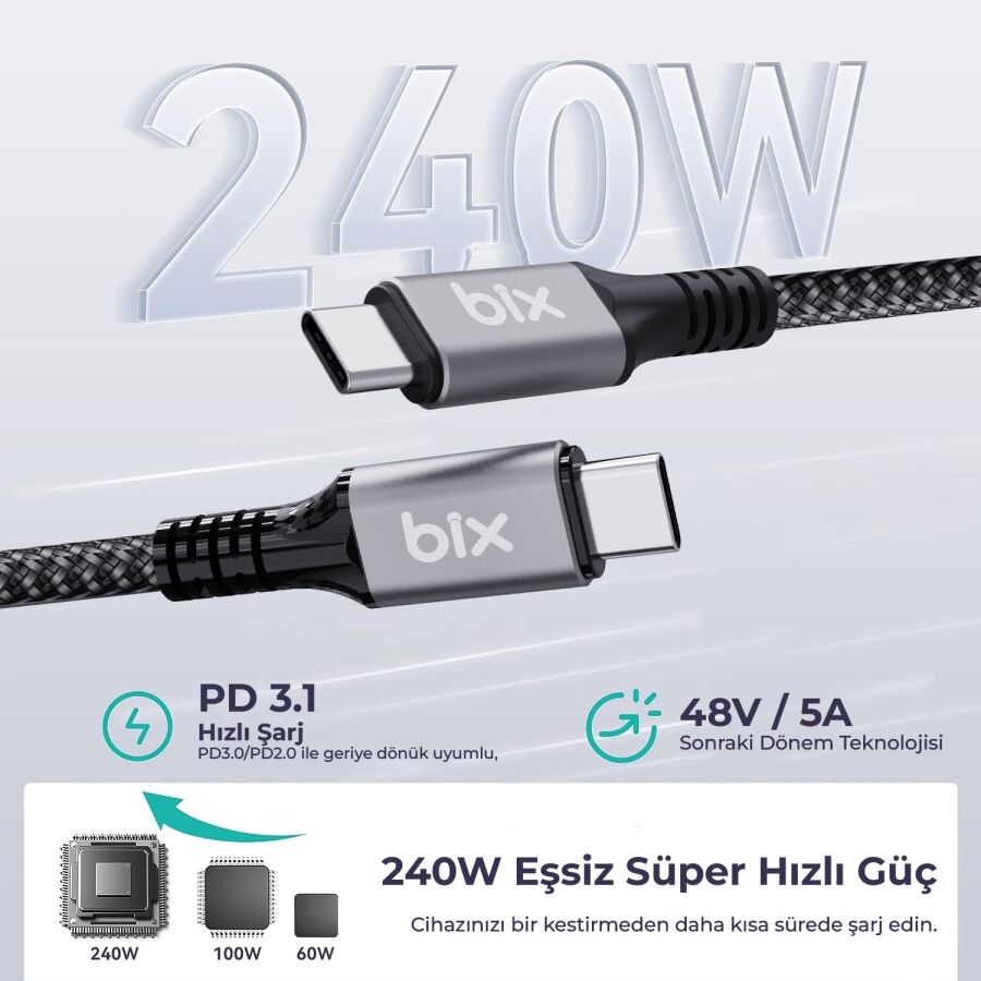 Bix USB4 Thunderbolt 3/4 Uyumlu USB-C IF Sertifikalı 240W 40Gbps 8K 60Hz UHD Hızlı Şarj, Data ve Görüntü Aktarım Kablosu 1 Metre - 2