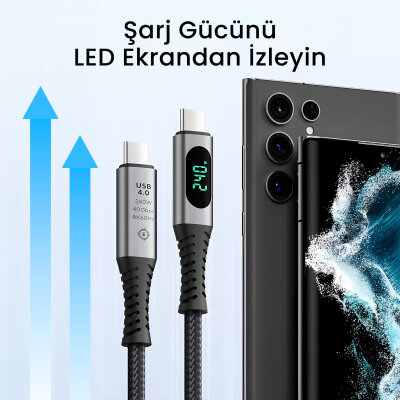 Bix USB4 Thunderbolt 4/3 Uyumlu PD 240W 40Gbps 8K 60Hz Ultra HD Dijital Ekran Göstergeli Şarj, Data ve Görüntü Kablosu 1 Metre - 5