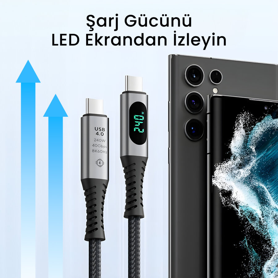 Bix USB4 Thunderbolt 4/3 Uyumlu PD 240W 40Gbps 8K 60Hz Ultra HD Dijital Ekran Göstergeli Şarj, Data ve Görüntü Kablosu 1 Metre - 5