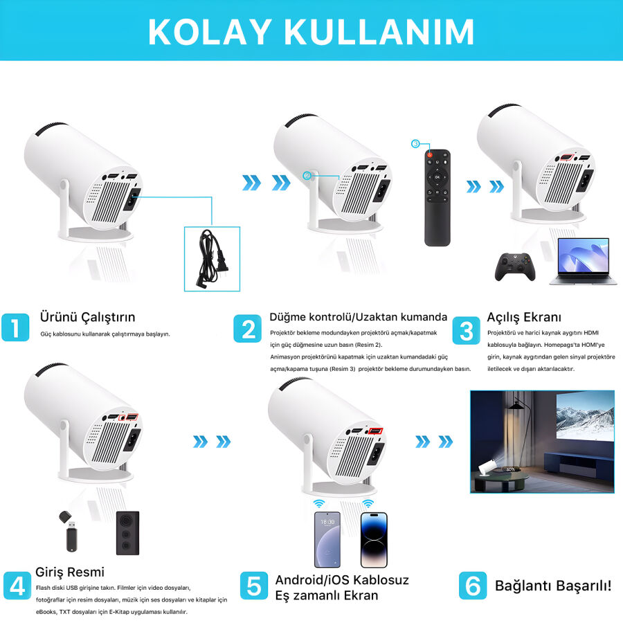 Bix Vega Android Projeksiyon Cihazı HD 1280×720 4K Desteği 170 ANSI Lümen Wifi Bluetooth Mini Akıllı Projektör - 7