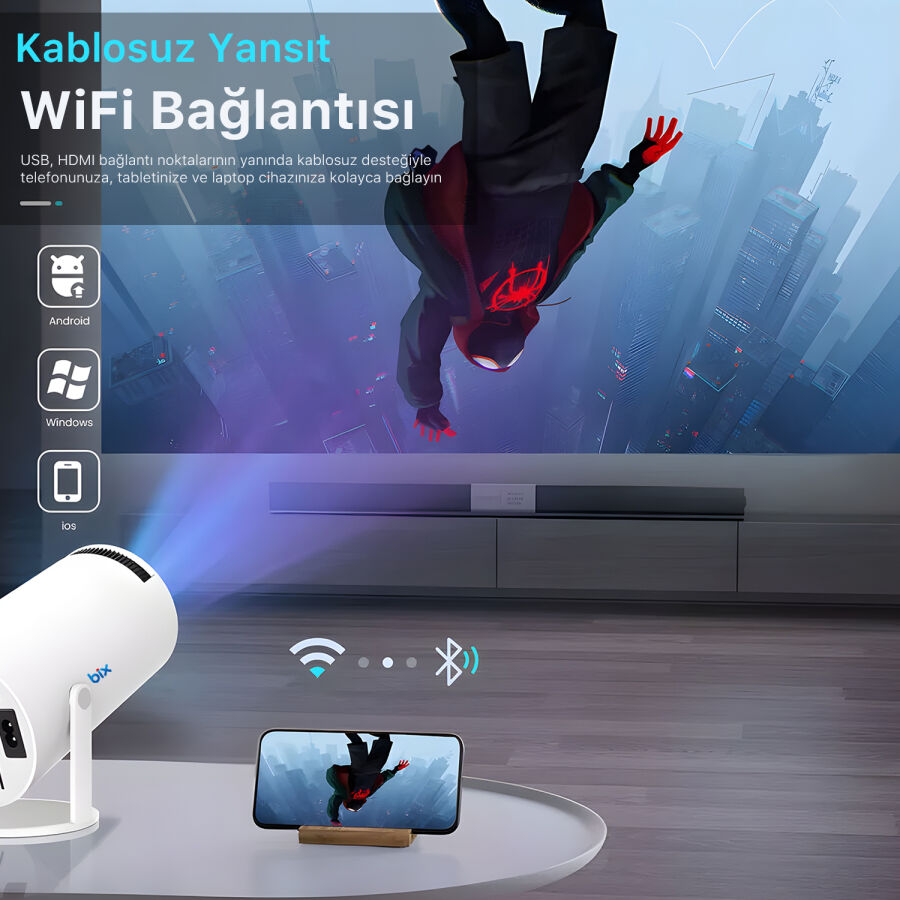 Bix Vega Android Projeksiyon Cihazı HD 1280×720 4K Desteği 170 ANSI Lümen Wifi Bluetooth Mini Akıllı Projektör - 2
