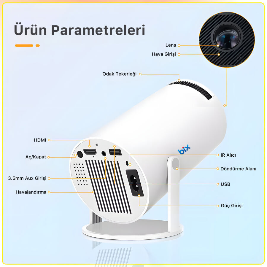 Bix Vega Android Projeksiyon Cihazı HD 1280×720 4K Desteği 170 ANSI Lümen Wifi Bluetooth Mini Akıllı Projektör - 9