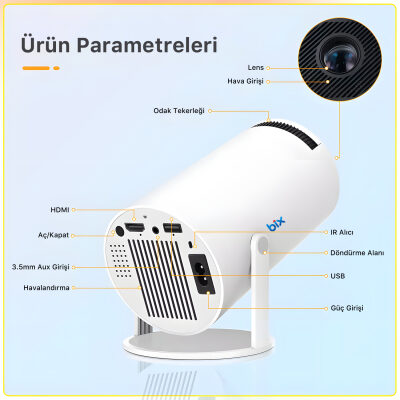 Bix Vega Android Projeksiyon Cihazı HD 1280×720 4K Desteği 170 ANSI Lümen Wifi Bluetooth Mini Akıllı Projektör - 9