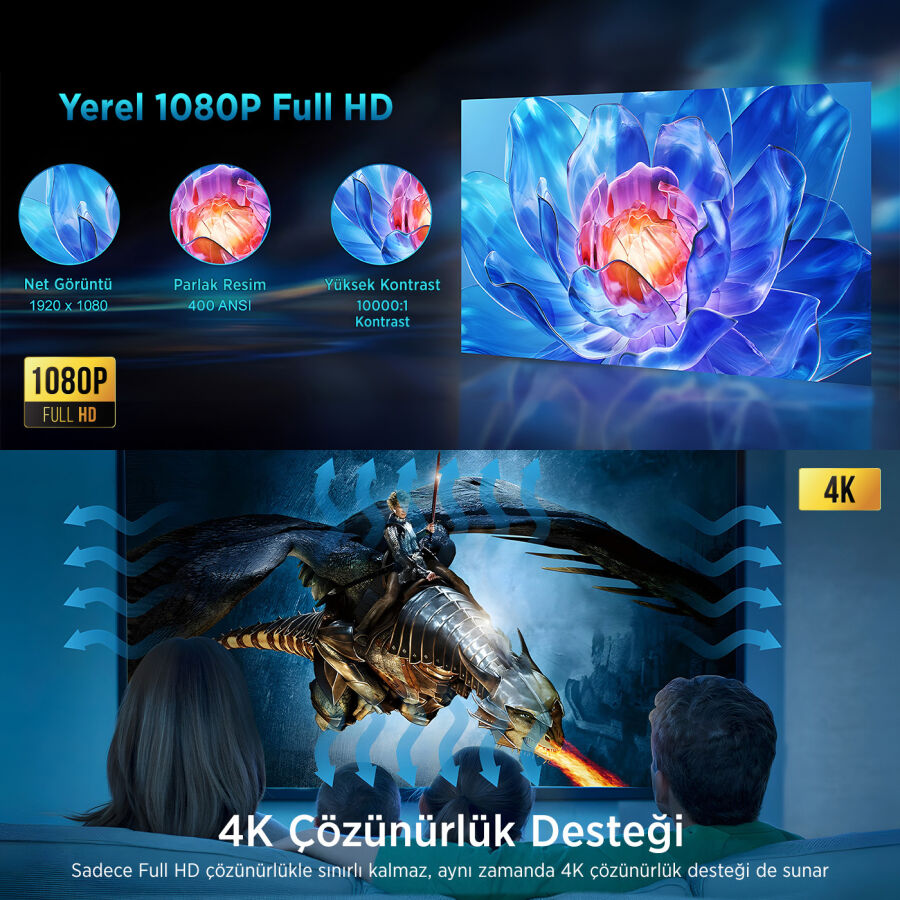 Bix Vega III Android Projeksiyon Cihazı Full HD 1920x1080 4K Desteği 400 ANSI Lümen Wifi Bluetooth Akıllı Projektör - 4