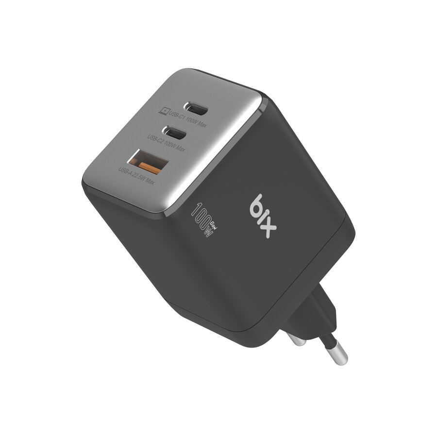 Bix 100W 3 Portlu Type-C + USB-A GaN Şarj Aleti iPhone & Macbook & Android Uyumlu PD 3.0 Hızlı Şarj Cihazı - 1