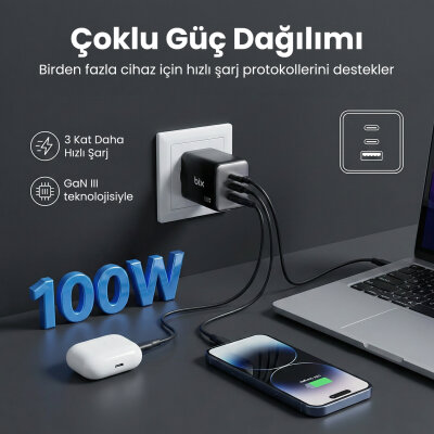 Bix 100W 3 Portlu Type-C + USB-A GaN Şarj Aleti iPhone & Macbook & Android Uyumlu PD 3.0 Hızlı Şarj Cihazı - 2