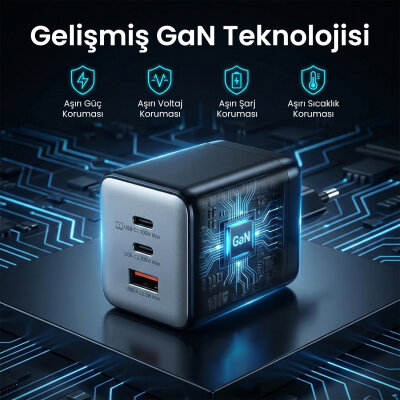 Bix 100W 3 Portlu Type-C + USB-A GaN Şarj Aleti iPhone & Macbook & Android Uyumlu PD 3.0 Hızlı Şarj Cihazı - 3
