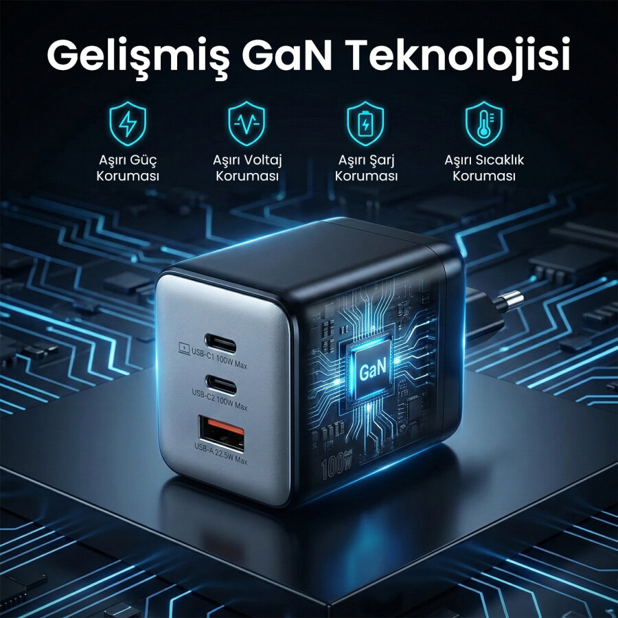 Bix 100W 3 Portlu Type-C + USB-A GaN Şarj Aleti iPhone & Macbook & Android Uyumlu PD 3.0 Hızlı Şarj Cihazı - 3