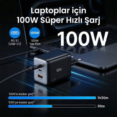 Bix 100W 3 Portlu Type-C + USB-A GaN Şarj Aleti iPhone & Macbook & Android Uyumlu PD 3.0 Hızlı Şarj Cihazı - 4