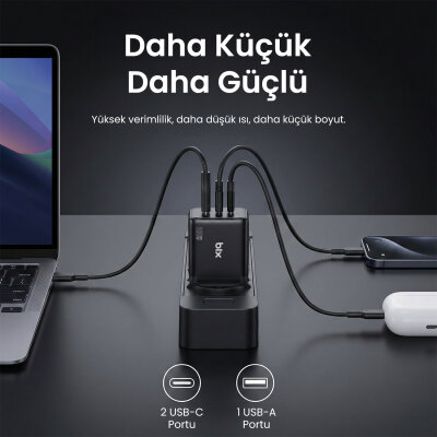 Bix 100W 3 Portlu Type-C + USB-A GaN Şarj Aleti iPhone & Macbook & Android Uyumlu PD 3.0 Hızlı Şarj Cihazı - 5