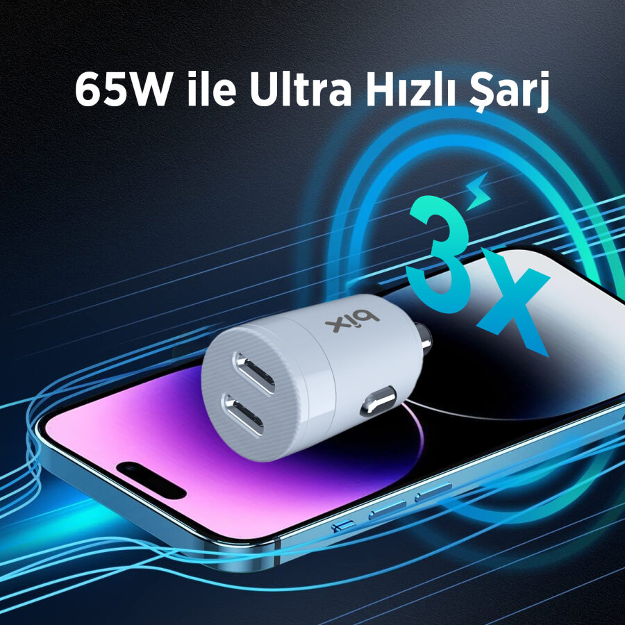 BXCC65C 65W Çift Portlu Type-C Araç Şarj Aleti iPhone & Android & Notebook Mini Araç içi Şarj Cihazı Beyaz - 5