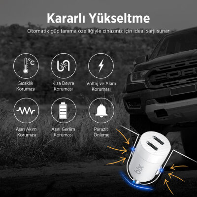 BXCC65C 65W Çift Portlu Type-C Araç Şarj Aleti iPhone & Android & Notebook Mini Araç içi Şarj Cihazı Beyaz - 7