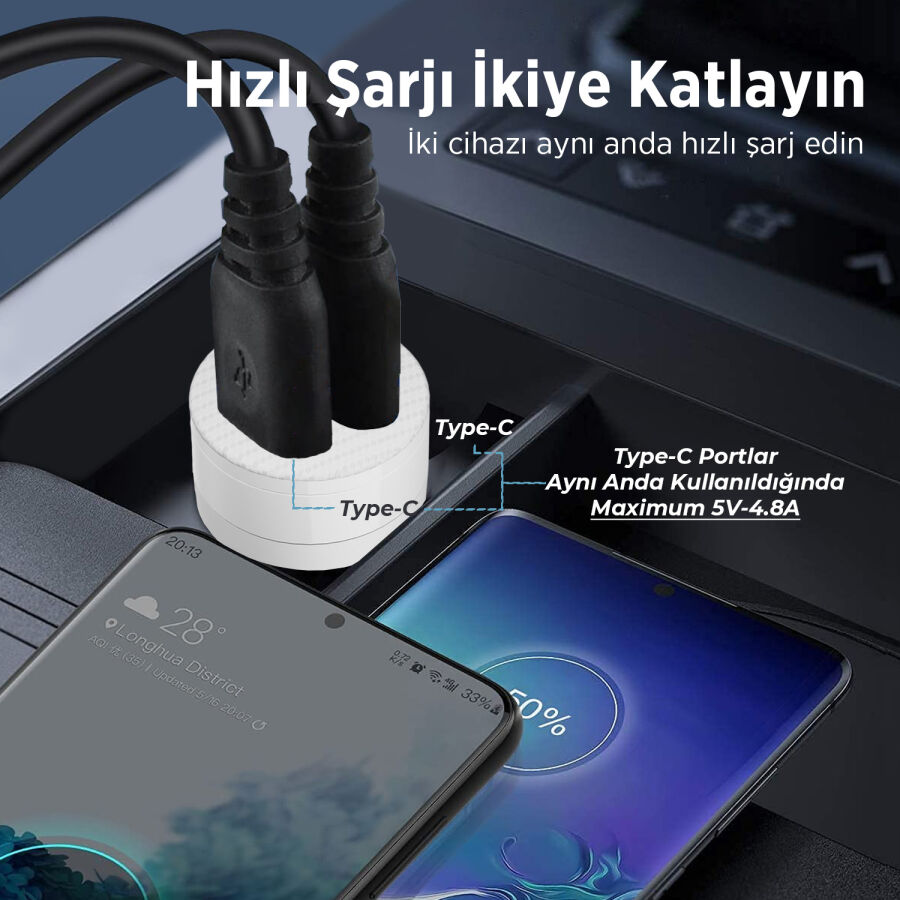BXCC65C 65W Çift Portlu Type-C Araç Şarj Aleti iPhone & Android & Notebook Mini Araç içi Şarj Cihazı Beyaz - 4