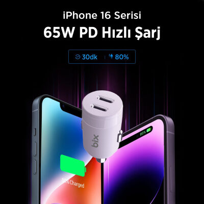 BXCC65C 65W Çift Portlu Type-C Araç Şarj Aleti iPhone & Android & Notebook Mini Araç içi Şarj Cihazı Beyaz - 6