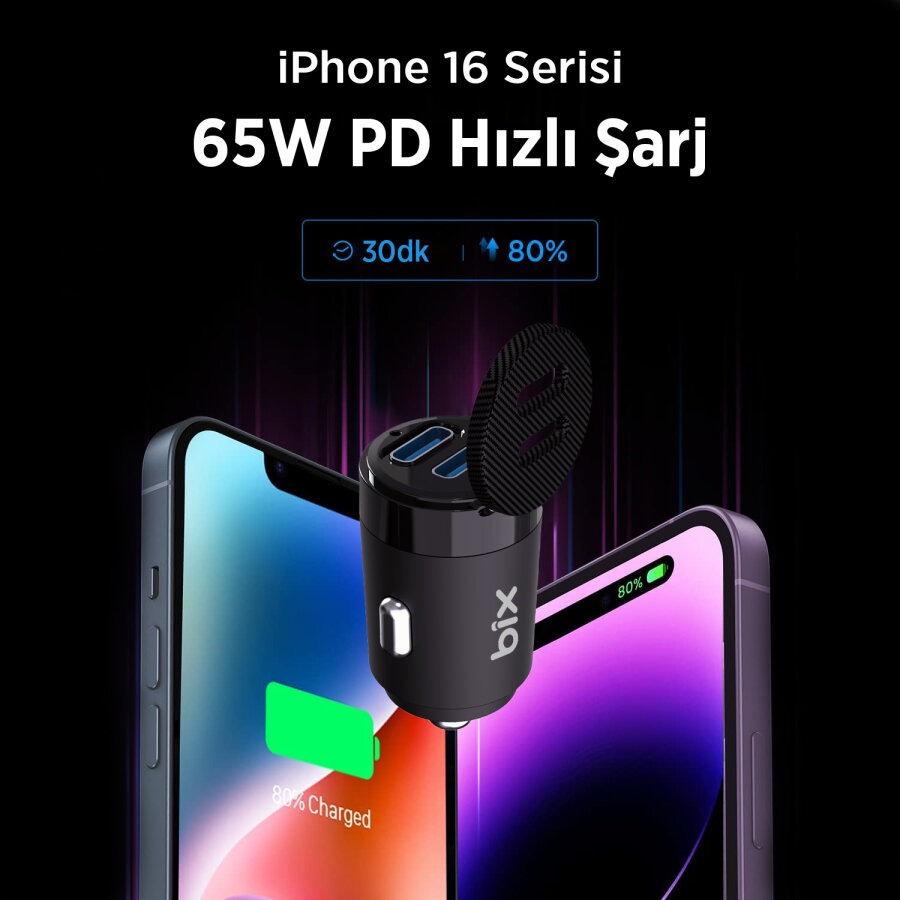 BXCC65C 65W Çift Portlu Type-C Araç Şarj Aleti iPhone & Android & Notebook Mini Araç içi Şarj Cihazı Siyah - 2