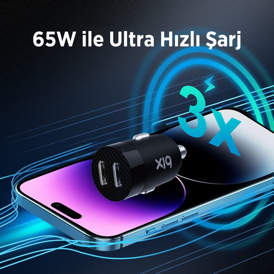 BXCC65C 65W Çift Portlu Type-C Araç Şarj Aleti iPhone & Android & Notebook Mini Araç içi Şarj Cihazı Siyah - 4