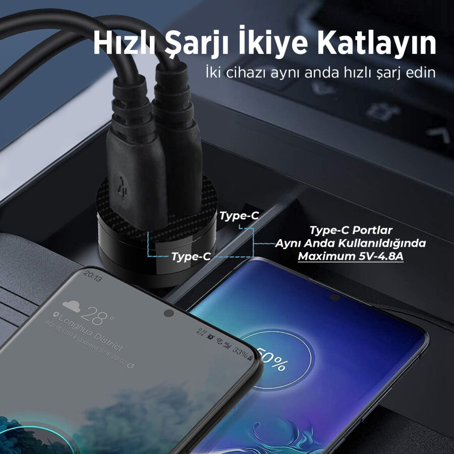 BXCC65C 65W Çift Portlu Type-C Araç Şarj Aleti iPhone & Android & Notebook Mini Araç içi Şarj Cihazı Siyah - 6