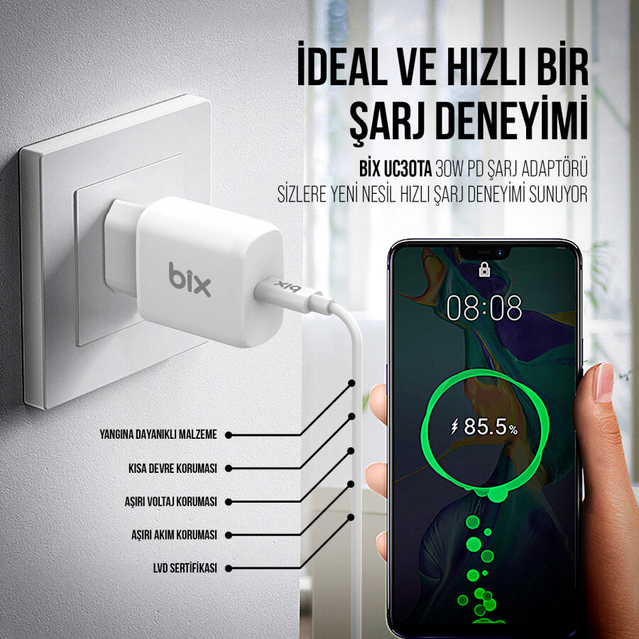 BXUC30TA 30W Type-C PD 3.0 Hızlı Şarj Adaptörü ve 1 Metre 3A Type-C Şarj Kablosu Beyaz - 3