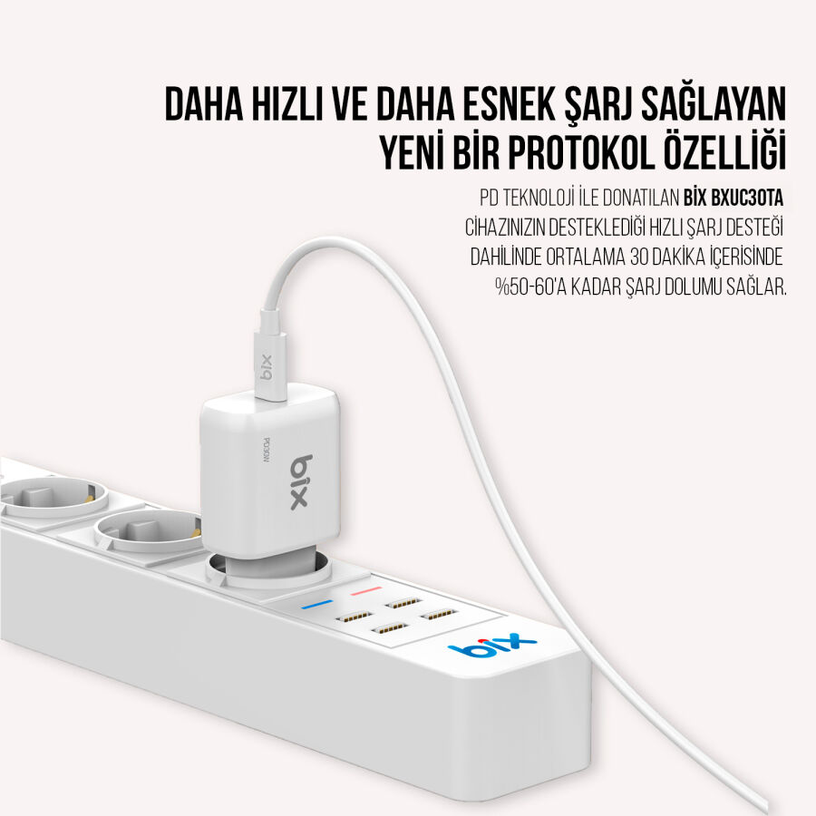 BXUC30TA 30W Type-C PD 3.0 Hızlı Şarj Adaptörü ve 1 Metre 3A Type-C Şarj Kablosu Beyaz - 5