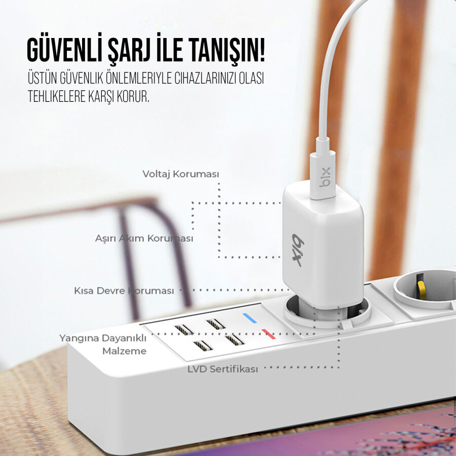 BXUC30TA 30W Type-C PD 3.0 Hızlı Şarj Adaptörü ve 1 Metre 3A Type-C Şarj Kablosu Beyaz - 6