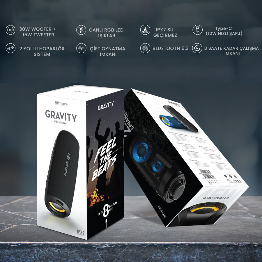 HiFuture Gravity RGB BT 5.3 45W IPX7 Taşınabilir Stereo Bluetooth Hoparlör Siyah - 12