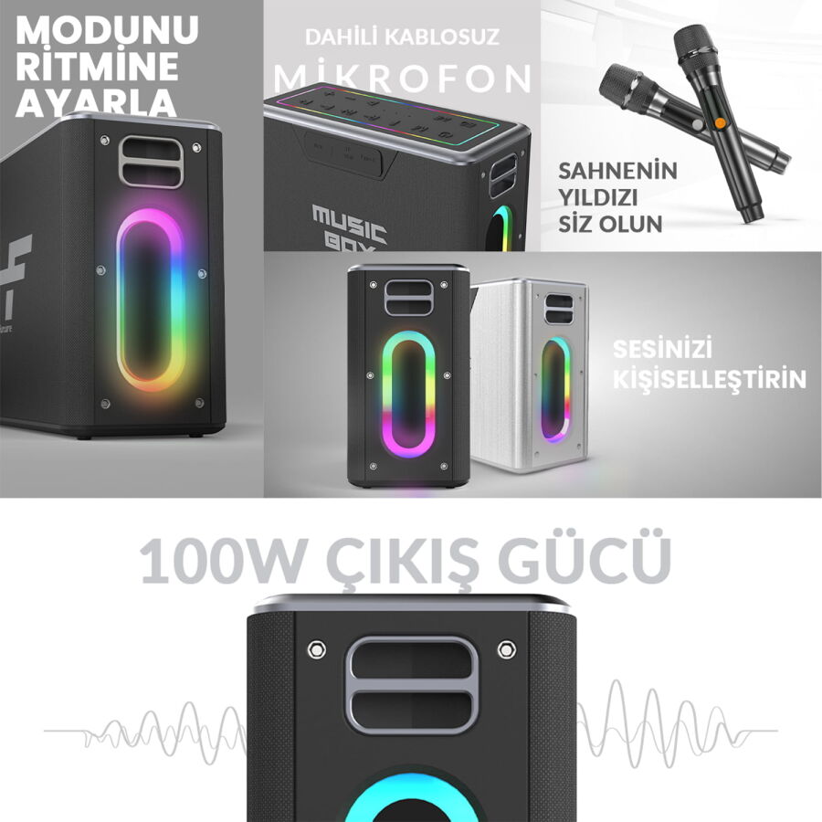 HiFuture MusicBox 2 Mikrofonlu TWS Karaoke Kablosuz 100W Hoparlör RGB Aydınlatmalı Gümüş - 11