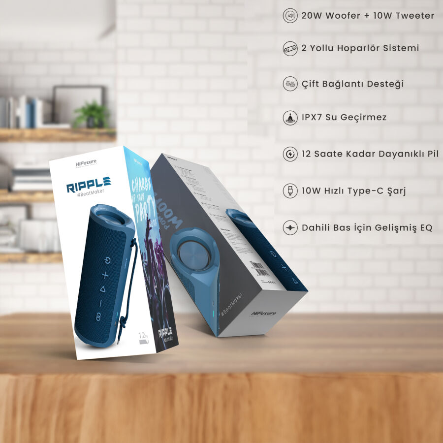 HiFuture Ripple BT 5.3 30W IPX7 Taşınabilir Stereo Bluetooth Hoparlör Kırmızı - 11