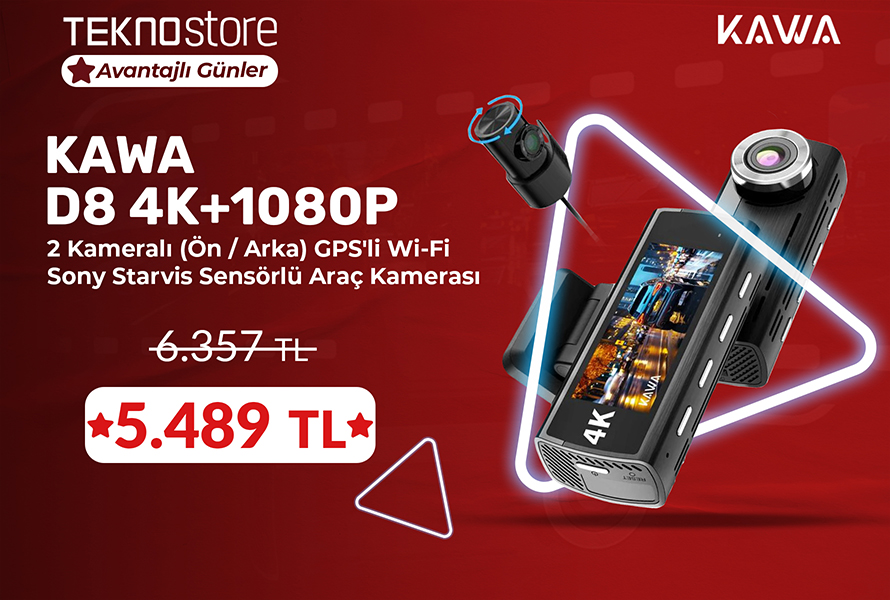 Kawa D8 2 Kameralı Ön / Arka 4K + 1080P Sony Starvis Sensörlü Türkçe Wi-Fi GPS'li Araç Kamerası