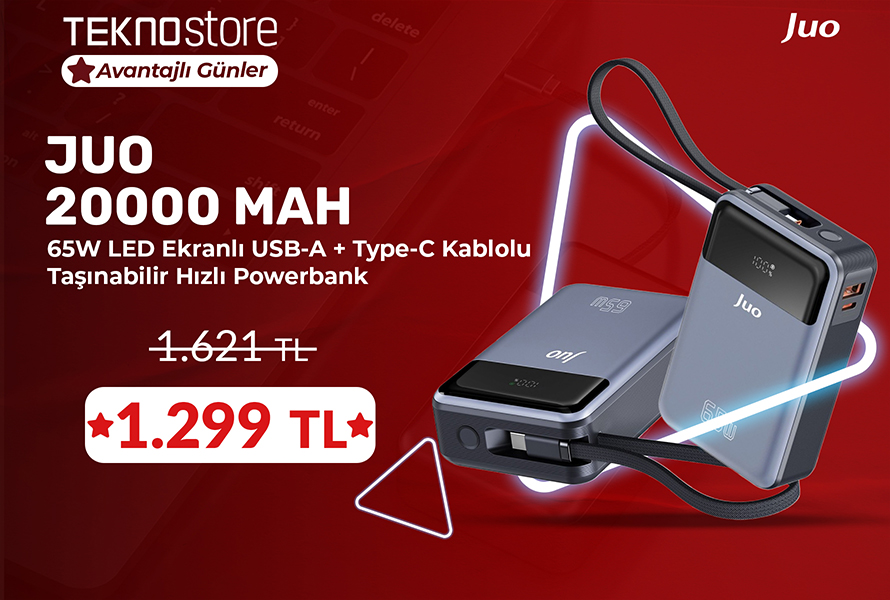 Juo 20000 mAh 65W LED Ekranlı USB-A + Type-C Kablolu Taşınabilir Hızlı Şarj Cihazı Powerbank