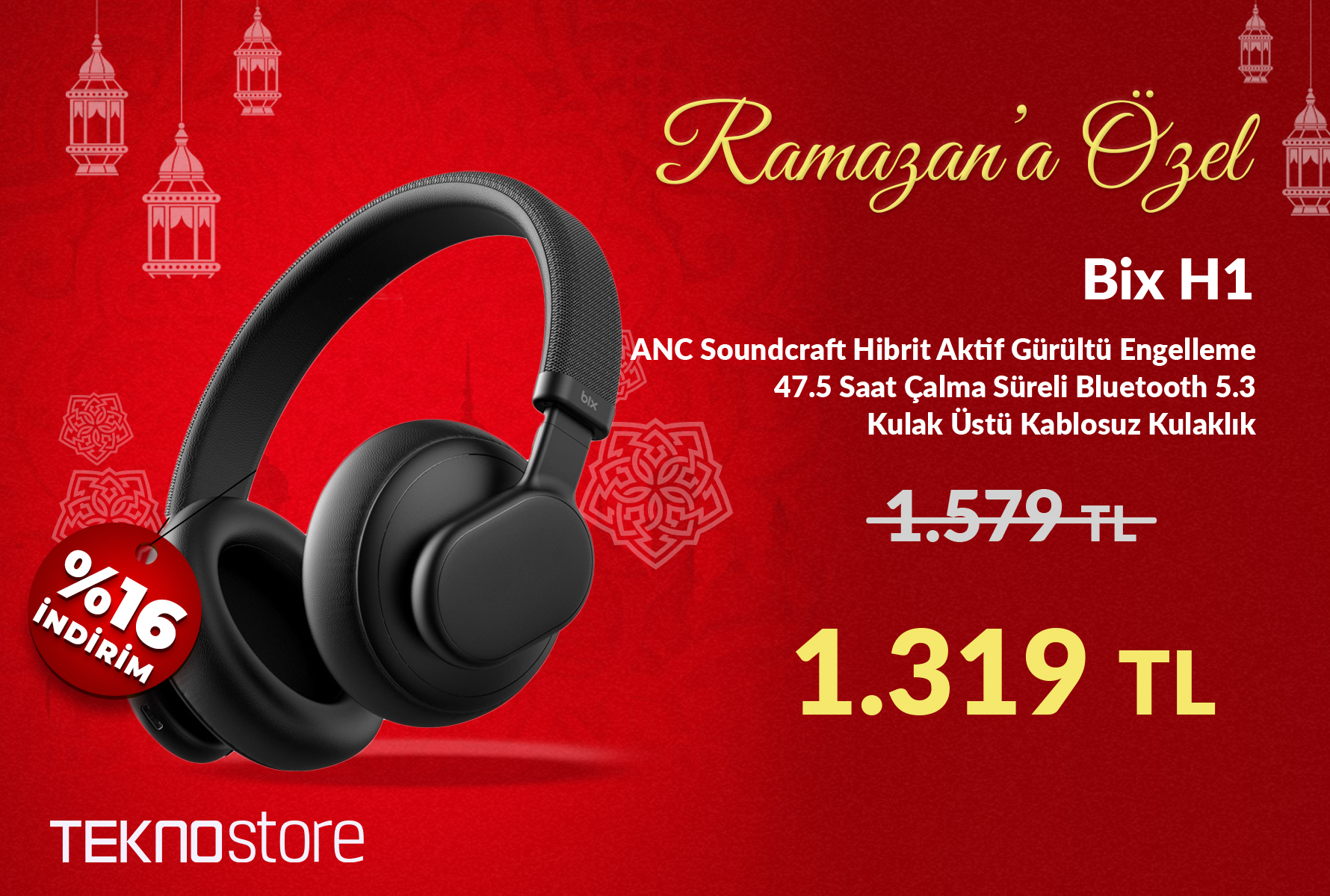 Bix H1 ANC Soundcraft Hibrit Aktif Gürültü Engelleme 47.5 Saat Çalma Süreli Bluetooth 5.3 Kulak Üstü Kulaklık