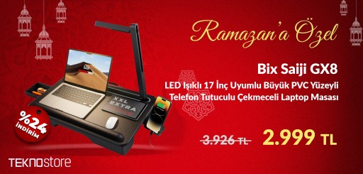 Bix Saiji GX8 LED Işıklı Laptop Masası 17 İnç Uyumlu Büyük PVC Yüzeyli Telefon Tutuculu Çekmeceli