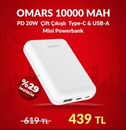 Omars 10000 mAh PD 20W Mini Powerbank Çift Çıkışlı Type-C & USB-A Beyaz