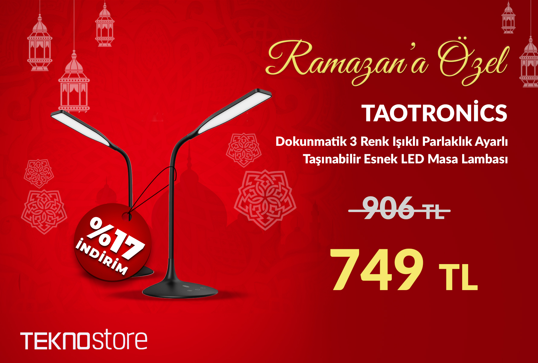 Taotronics Dokunmatik 3 Renk Işıklı Parlaklık Ayarlı Taşınabilir Esnek LED Masa Lambası Siyah
