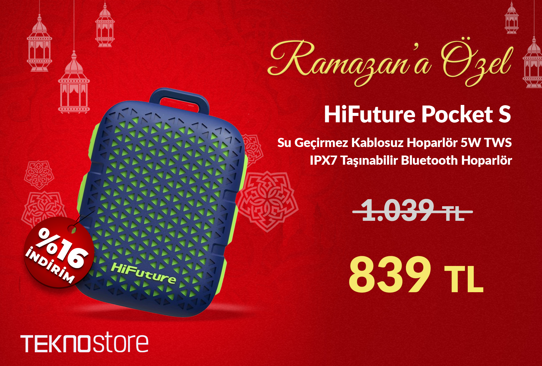 HiFuture Pocket S Su Geçirmez Kablosuz Hoparlör 5W TWS IPX7 Taşınabilir Bluetooth Hoparlör Mavi