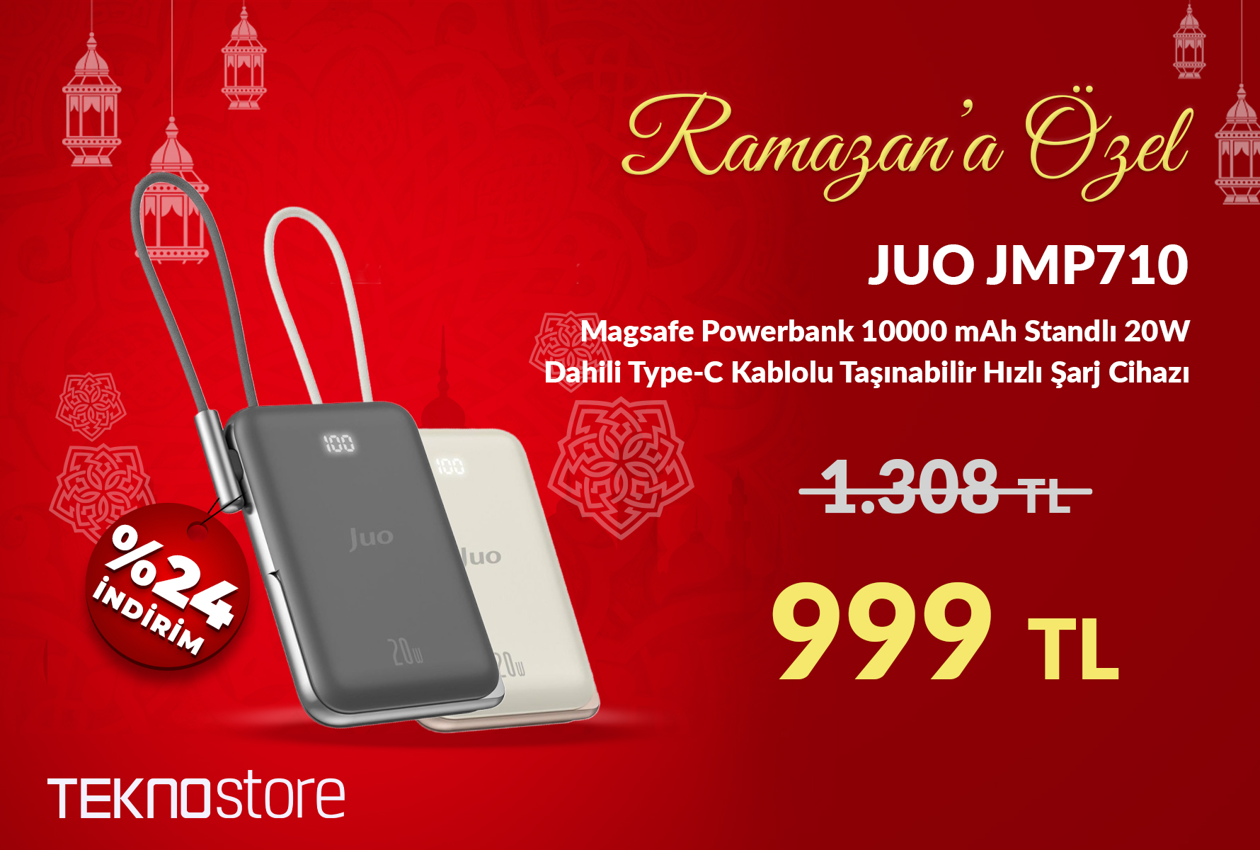 Juo Magsafe Powerbank 10000 mAh Standlı 20W Dahili Type-C Kablolu Taşınabilir Hızlı Şarj Cihazı Siyah