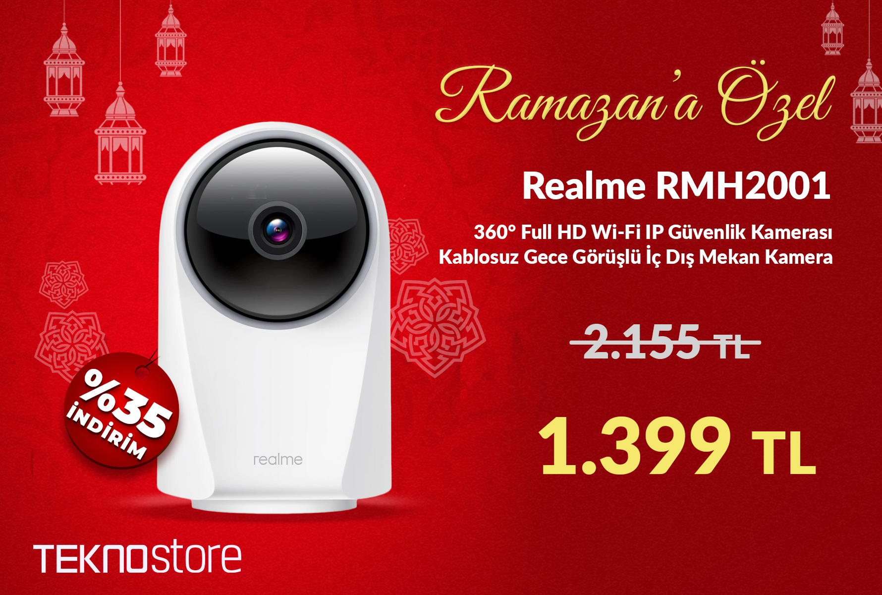 Realme 360° Full HD Wi-Fi IP Güvenlik Kamerası Kablosuz Gece Görüşlü İç Dış Mekan Kamera