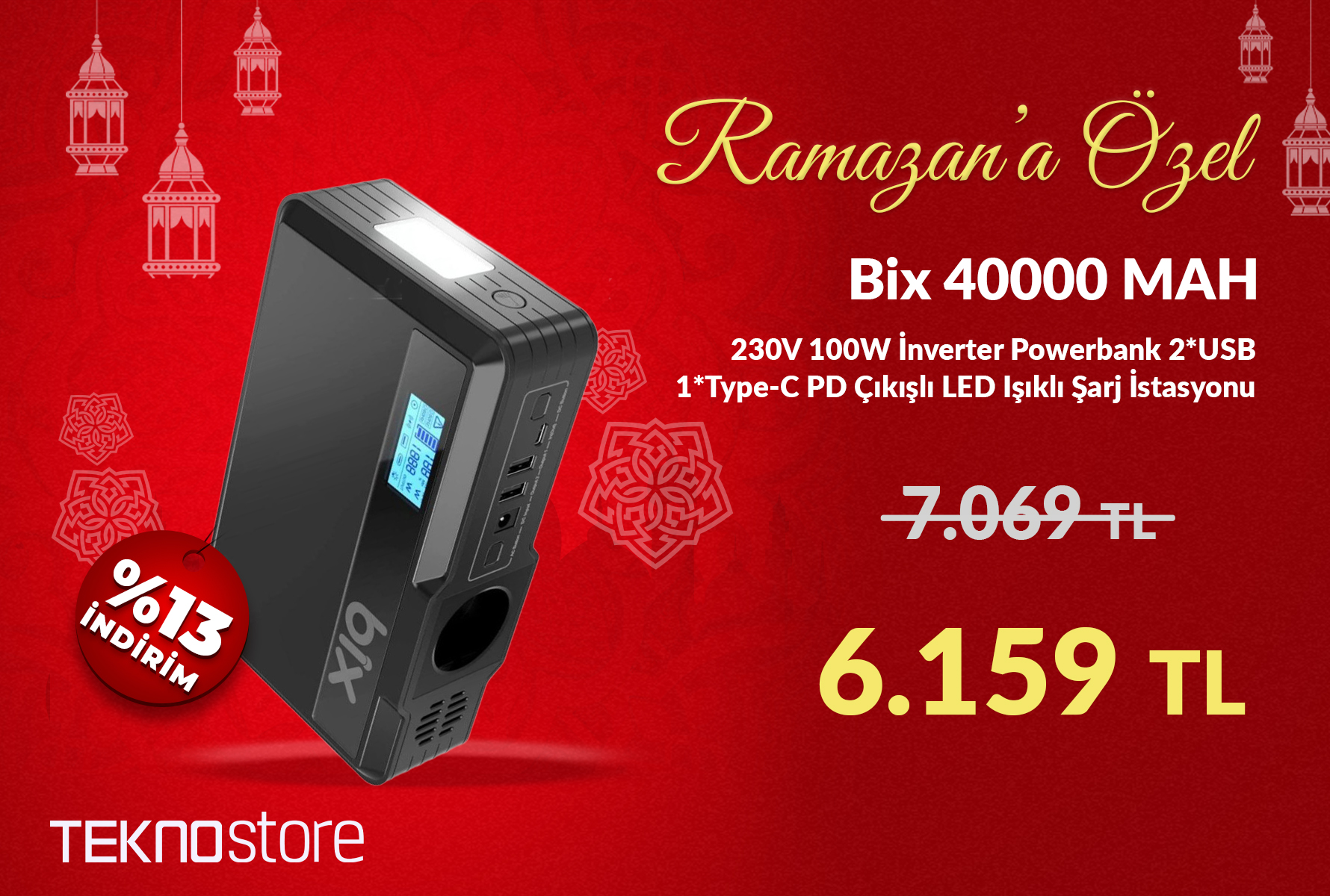 Bix 40000mAh 230V 100W İnverter Powerbank 2*USB 1*Type-C PD Çıkışlı LED Işıklı Şarj İstasyonu