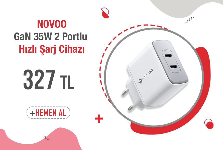 Novoo GaN 35W 2 Portlu USB-C PD Hızlı Şarj Cihazı Beyaz